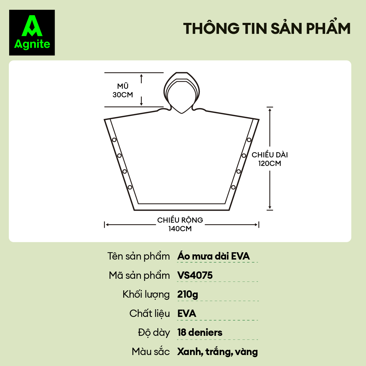 Áo mưa dài Agnite chất liệu EVA cao cấp - Siêu bền - Chống thấm nước tốt - Thiết kế thoải mái - Nhiều màu sắc - VS4075