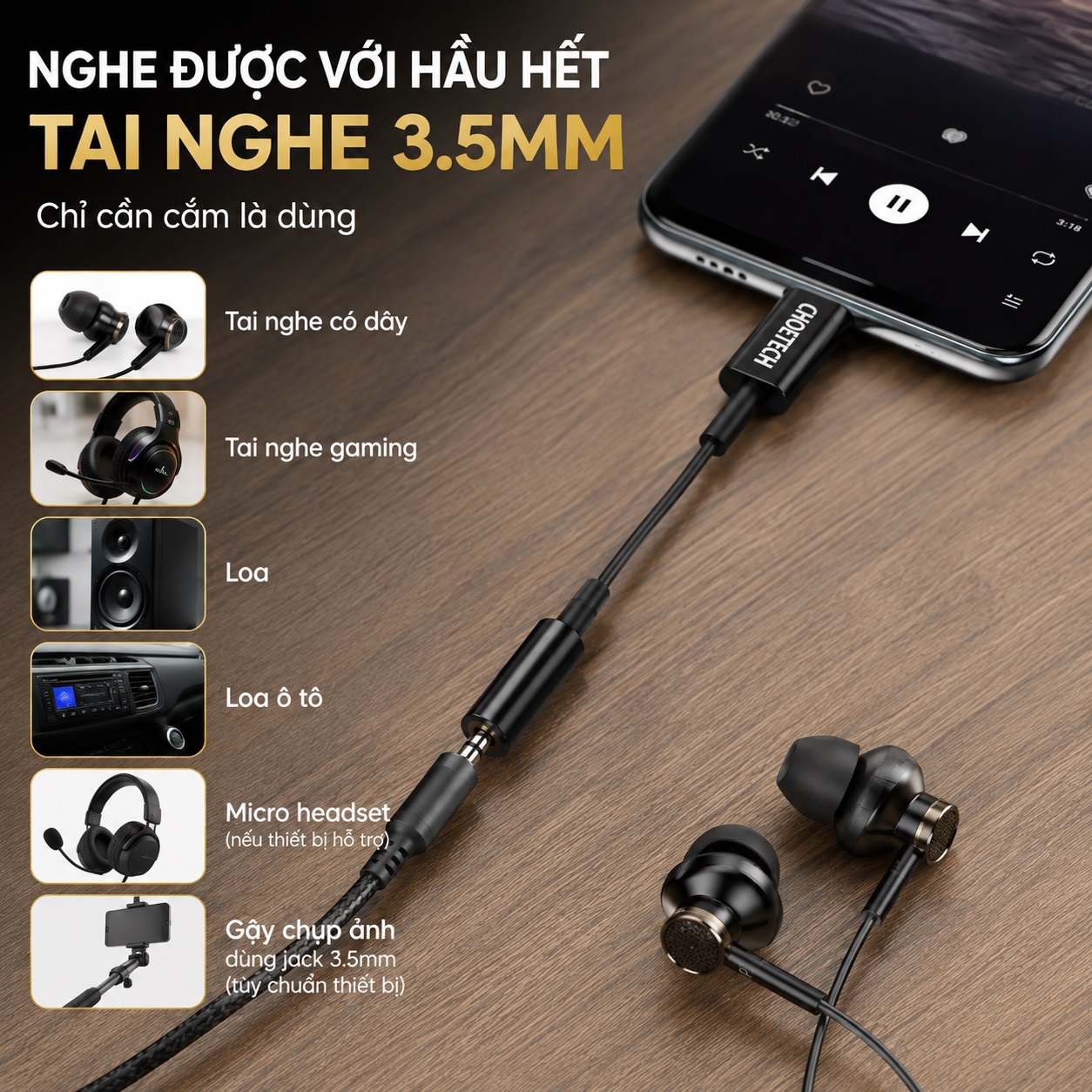 Cáp Chuyển âm thanh USB-C Sang Audio 3.5mm Choetech AUX003-BK Có DAC Hi-Res 24bit/96kHz Cho Tai Nghe Có Dây Loa Ô Tô cho iPad, Macbook, iPhone, Samsung, Huawei, Oppo - Hàng nhập khẩu