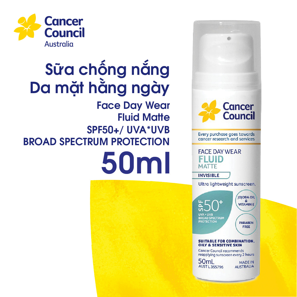 Sữa chống nắng cho da mặt mỏng nhẹ Cancer Council Fluid Matte SPF50+/PA++++ 50ml