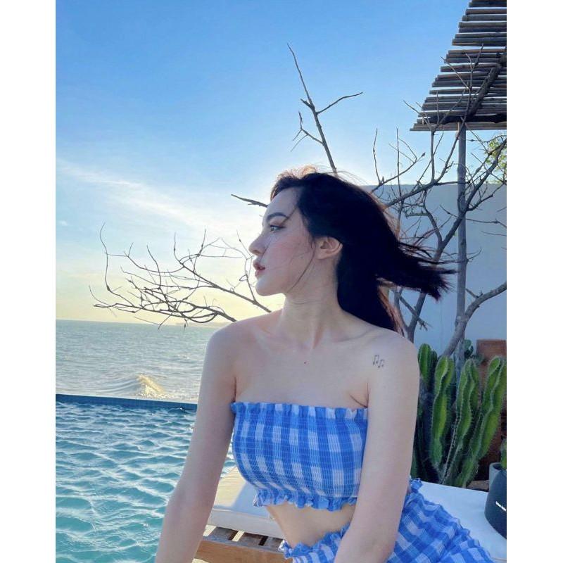 ĐẦM ỐNG CARO XANH NHÚN CHUN và ÁO KHOÁC