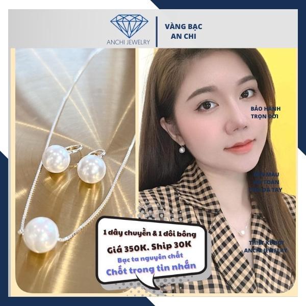 Bộ trang sức bạc đính hạt trai nước ngọt gồm dây chuyền và bông tai, Anchi jewelry