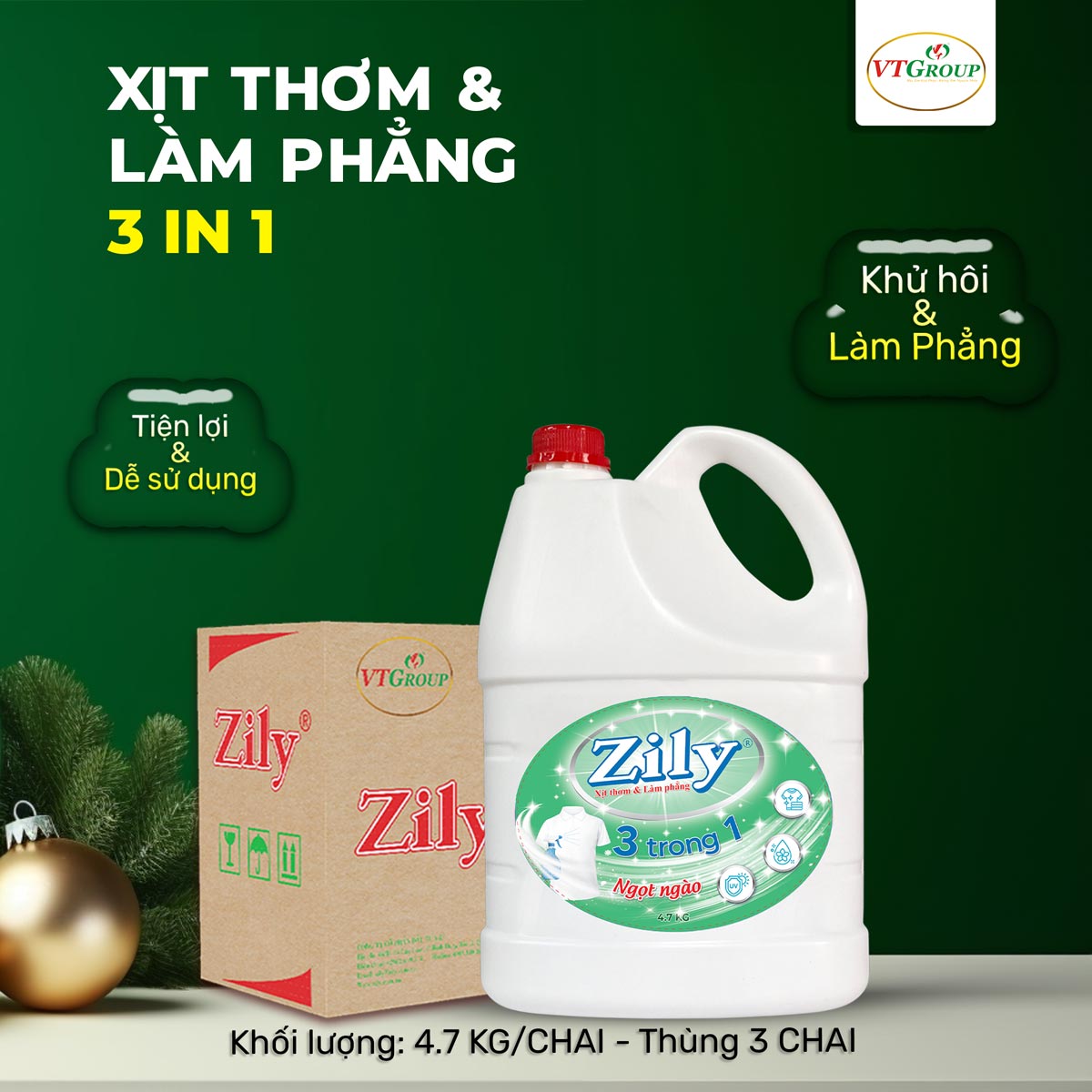 Xịt Thơm &amp; Làm Phẳng Quần Áo Zily 4.7 Kg (3 Chai/Thùng) - Tặng 1 chai Nước giặt KH Zily 3.8Kg