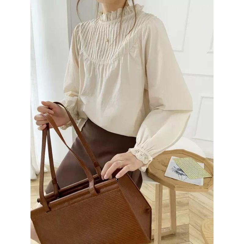 Áo babydoll xếp li ngực cổ ren vintage ảnh thật