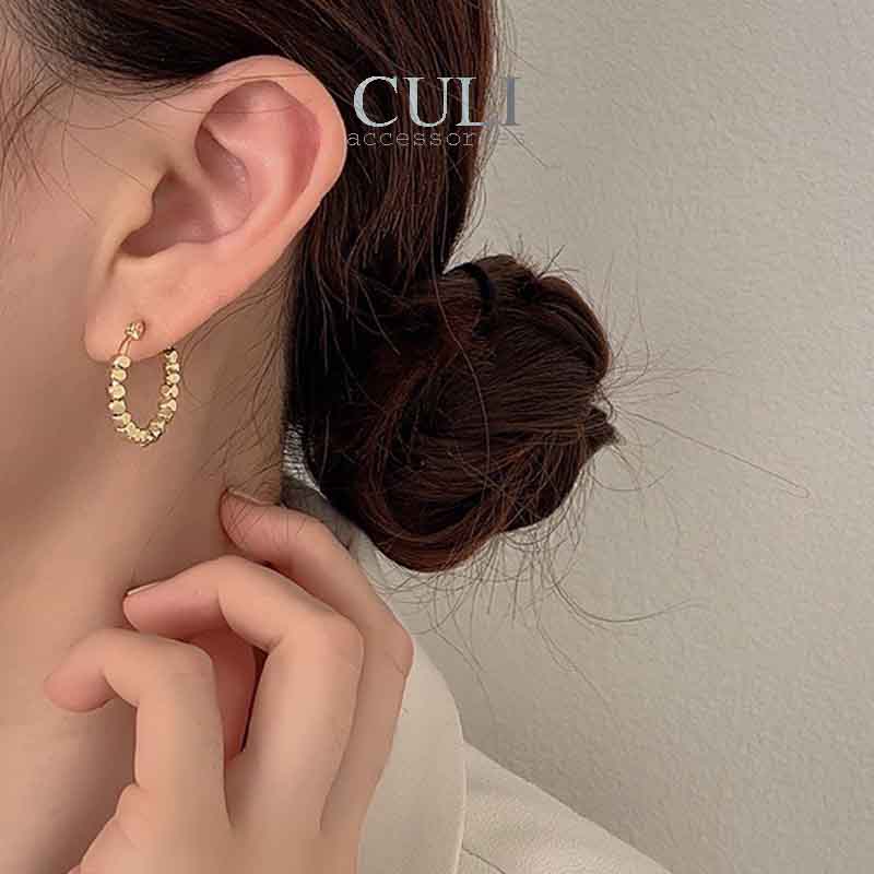 Khuyên tai vòng tròn xâu hạt kim loại đa cạnh sáng, phong cách Retro HT612 - Culi accessories