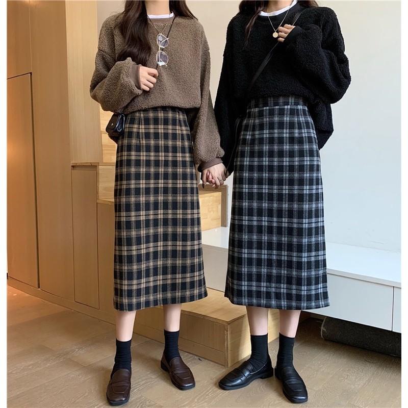 Chân váy dài sọc caro vintage có dây thắt lưng  sakurafashionvn