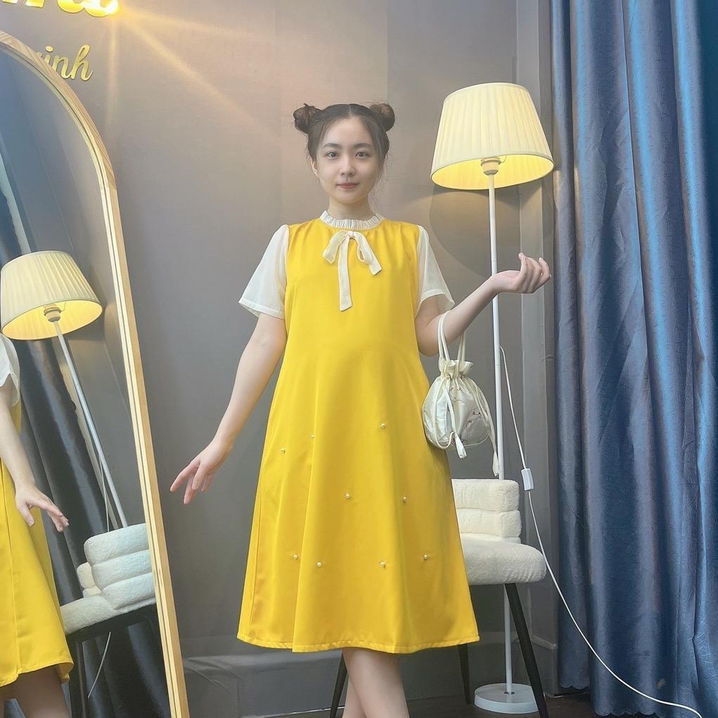 Đầm bầu cổ bèo thắt nơ đính hạt phom suông dễ thương gon dáng, mặc đi làm đi chơi - Đen