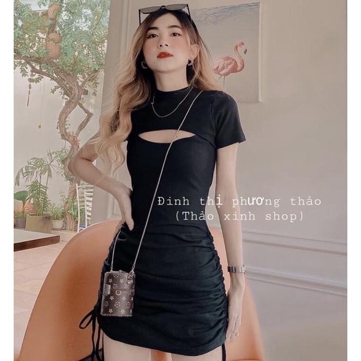 Váy body khoét ngực dây rút bên hông chất cotton
