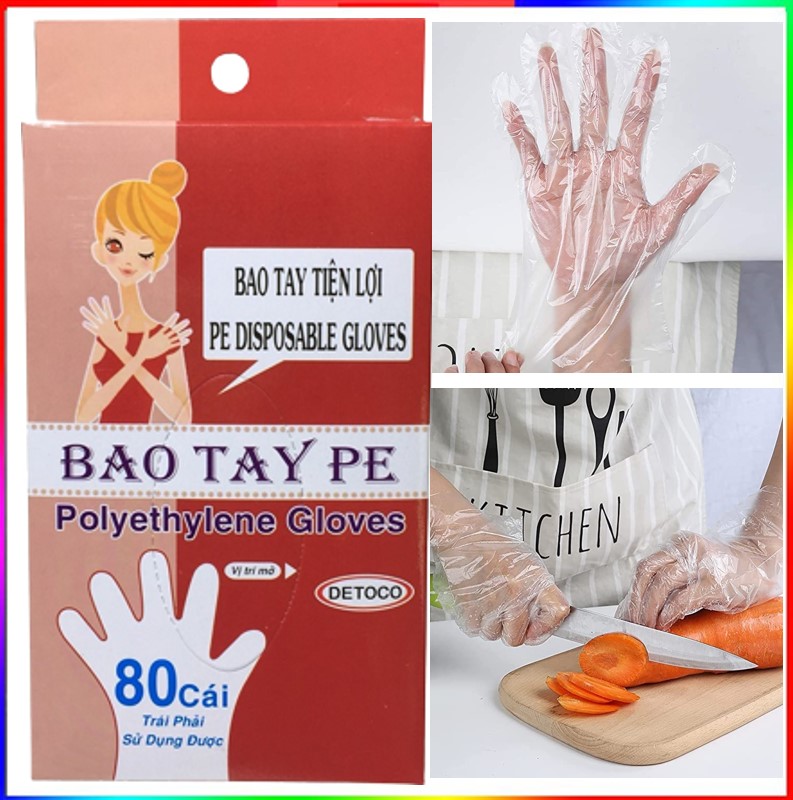 Combo 2 hộp bao tay Detoco chế biến thực phẩm, dược phẩm, phòng thí nghiệm, Y tế, nhựa PE chính phẩm 80 cái/hộp.