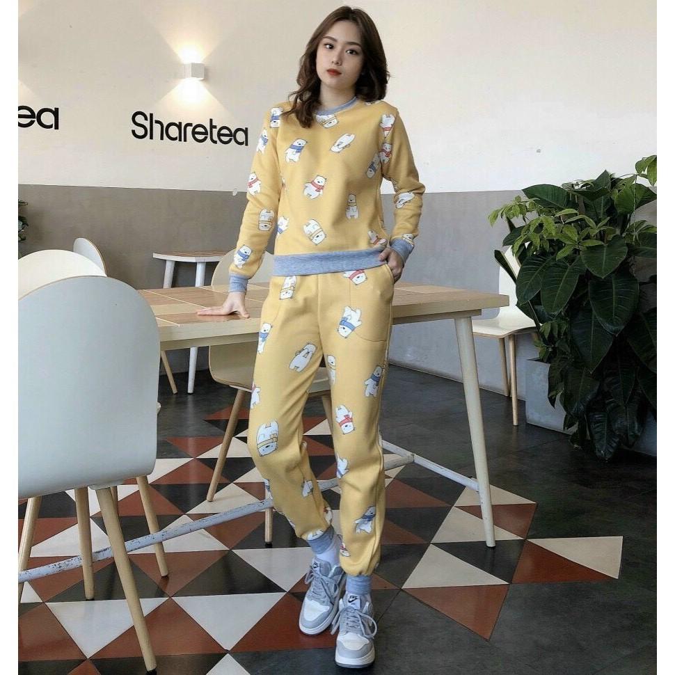 Bộ đồ ngủ nỉ bông nhập khẩu cao cấp Pijama mặc nhà nữ thu đông họa tiết dễ thương cute bigsize dáng rộng >60kg