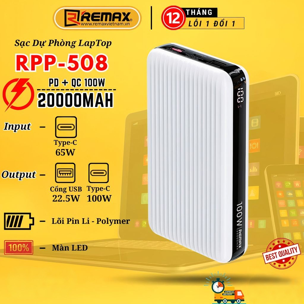 Pin Sạc Dự Phòng 20000mah Remax RPP-508 PD 100W - Hỗ Trợ Sạc Nhanh 100W - Sạc Cho Laptop và Tablet - Output 100W / Input 65W và QC3.0 18W - Hàng Chính Hãng