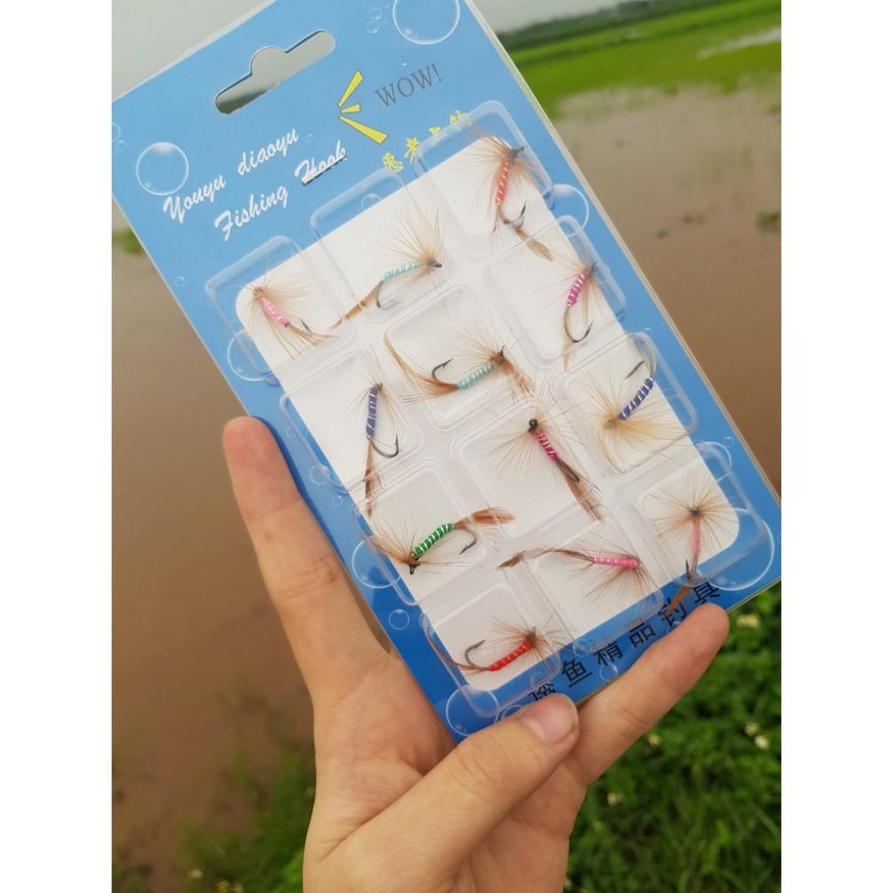 Combo 12 con mồi gắn lông vũ câu rô phi,câu mương,lóc,ngão,....