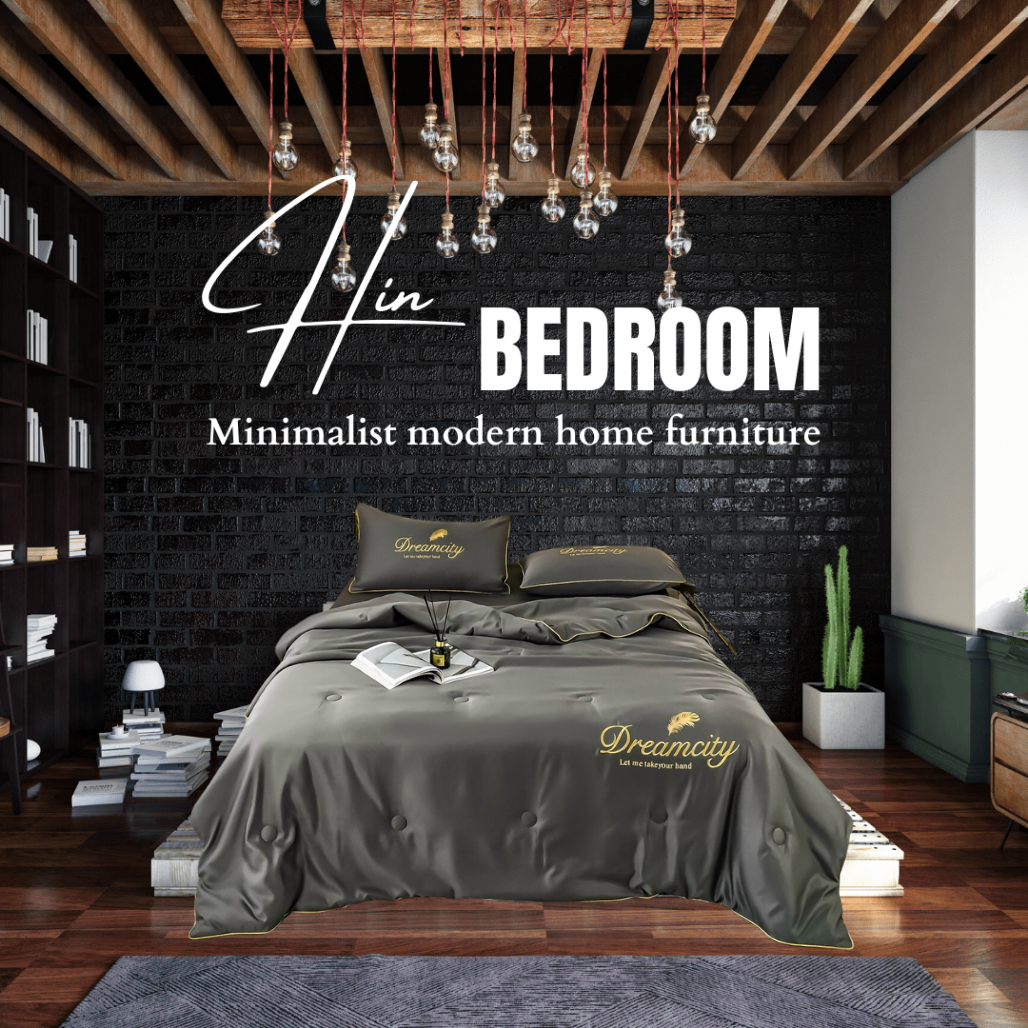 Bộ Chăn Ga Gối Đệm 5 Món Lụa Dream City Bộ Ga Drap Trải Giường Chăn Chần Bông Đẹp Hin Home Bedding Mẫu Xám