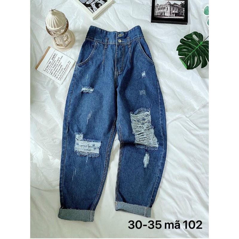 Quần baggy jean nữ lưng cao rách gối size đại