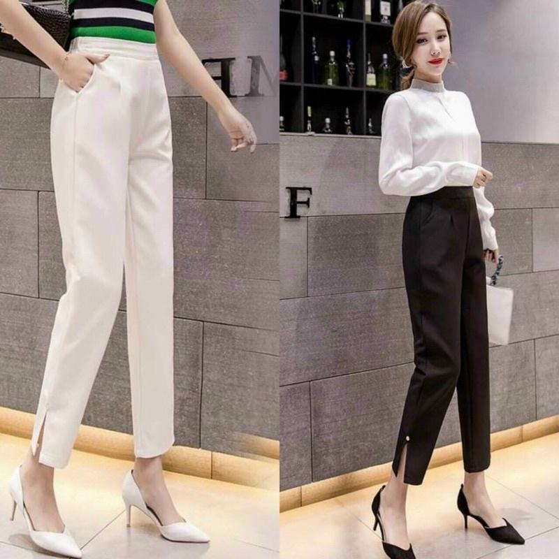 Quần baggy nữ xẻ gấu chất liệu tuyết mưa lưng thun kiểu: quần baggy công sở MOMOTO