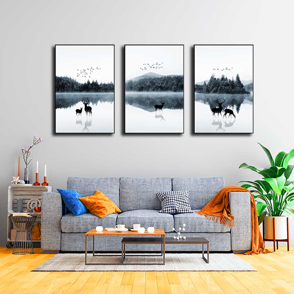 Bộ 3 tranh canvas treo tường Decor Họa tiết hươu bên dòng sông - DC211