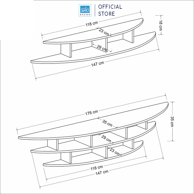 Hình ảnh Bộ 2 Kệ Trang Trí Treo Tường Trên Và Dưới Tivi Hình Cung Tròn Màu Trắng SIB Decor, Thích Hợp Cho Phòng Khách, Phòng Ngủ Căn Hộ, Nhà Phố