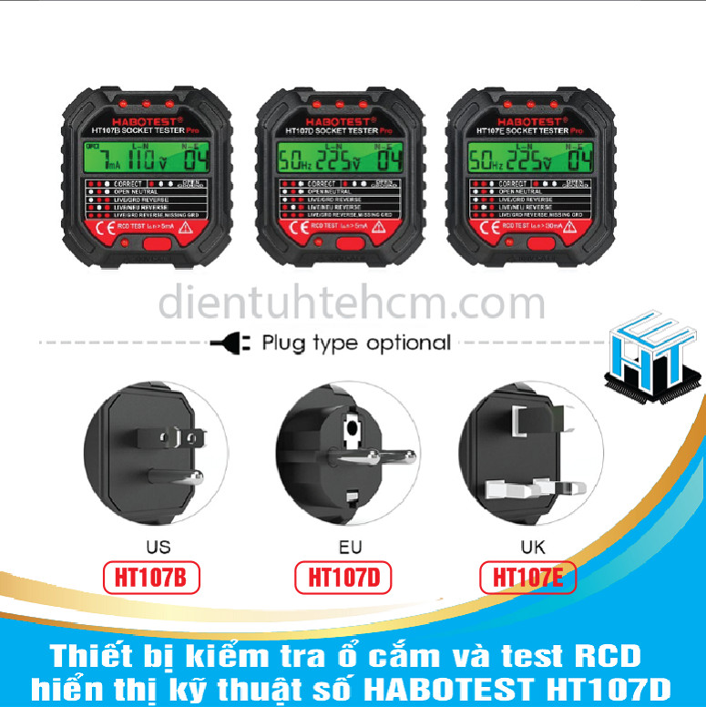 Thiết bị kiểm tra ổ cắm và test RCD hiển thị kỹ thuật số HABOTEST HT107