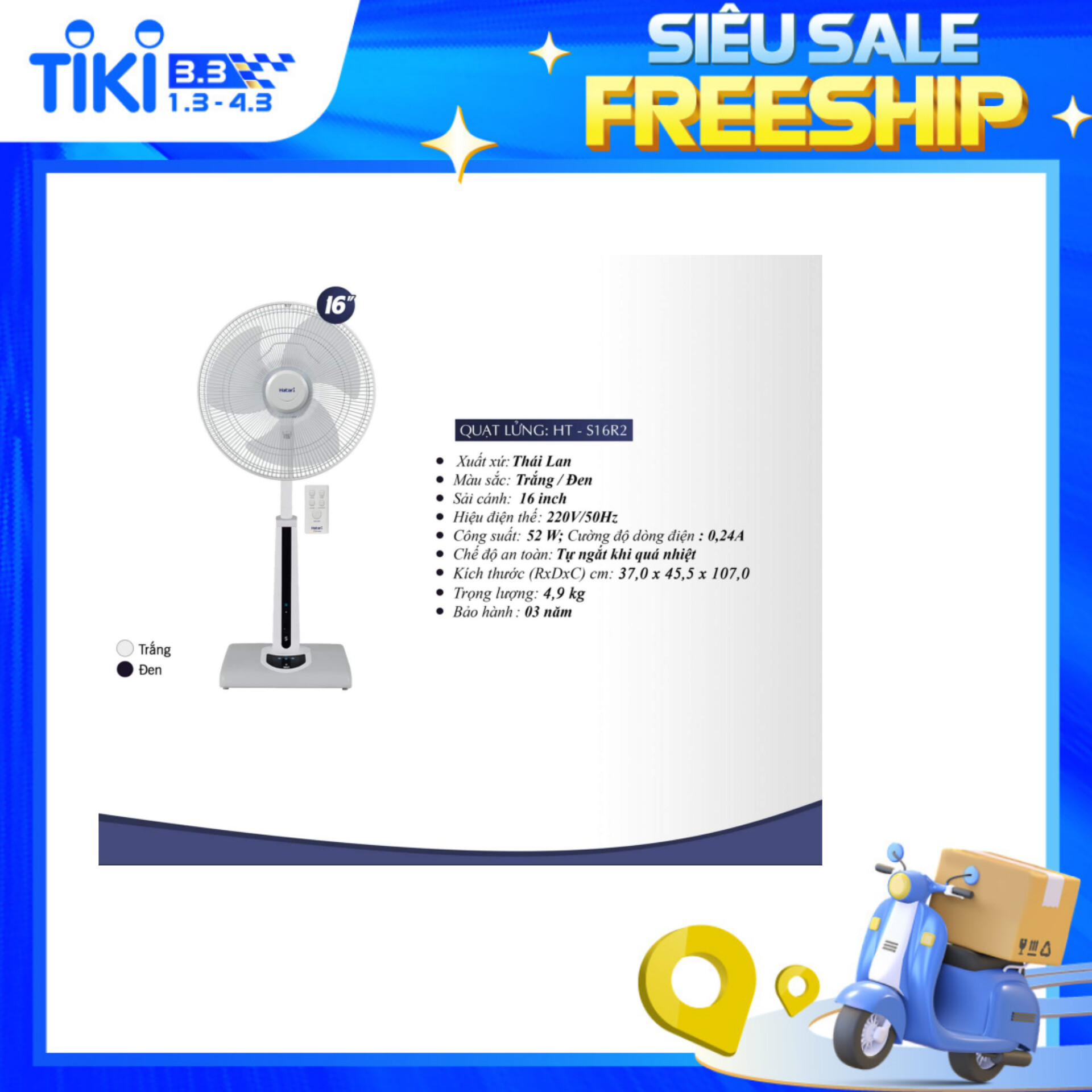 Quạt Lửng Thailan Có Điều Khiển Remote, Sải cánh 40cm Hatari HT-S16R2 - Hàng chính hãng