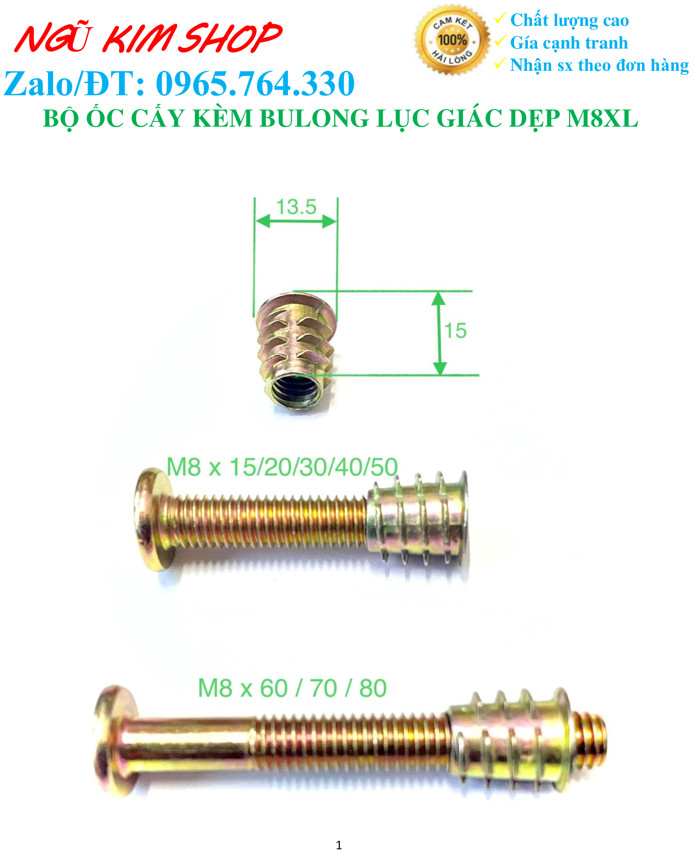 ỐC CẤY KÈM BULONG LỤC GIÁC DẸP M8 x L THEO BỘ