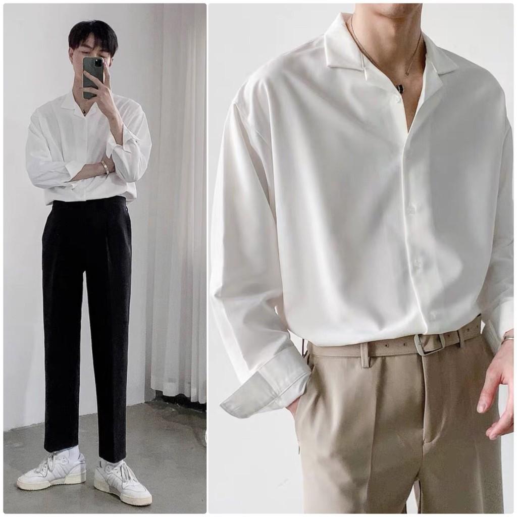 Áo sơ mi nam tay dài cổ vest form rộng unisex - chất vải lụa - SHOP MAYLAN