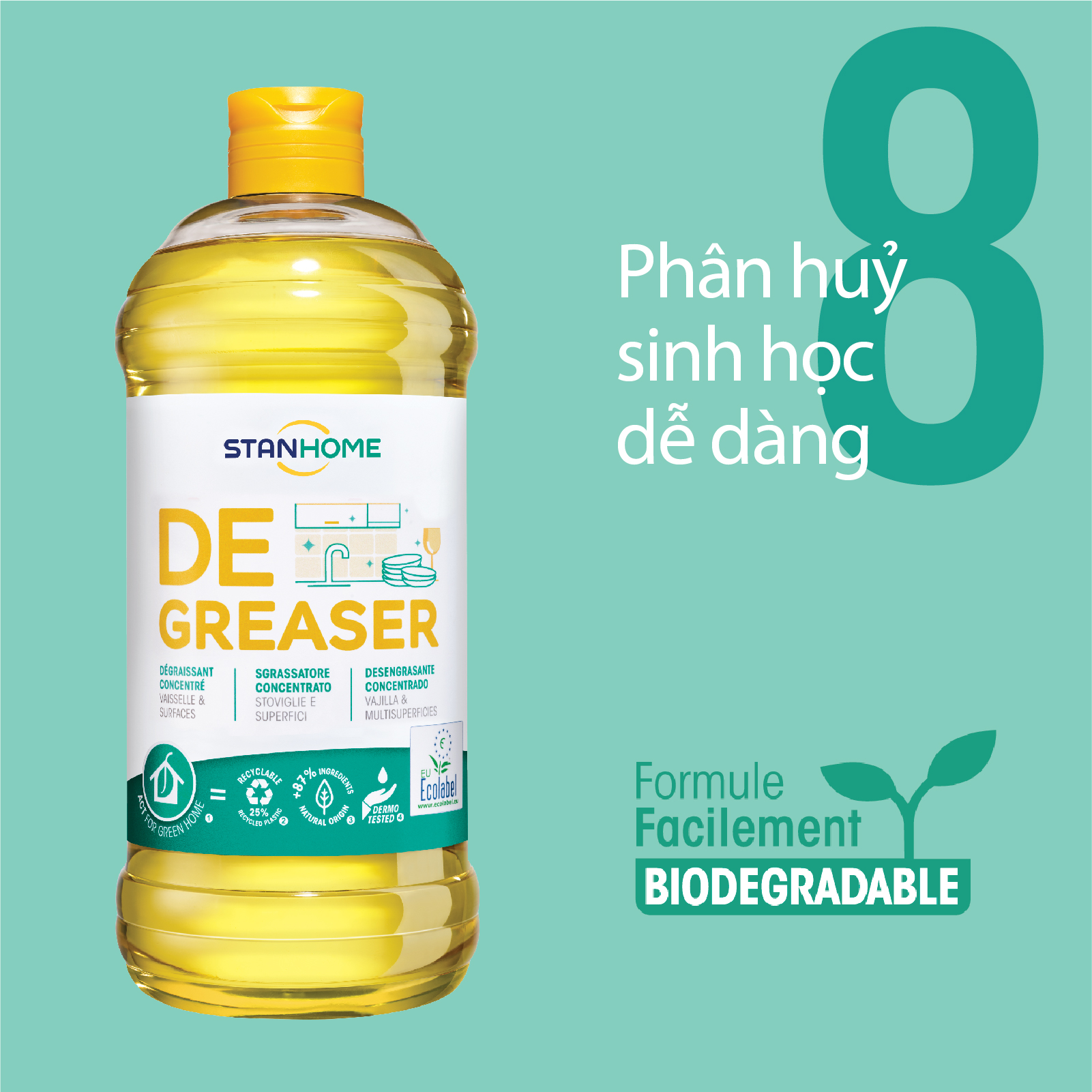 Dung dịch loại bỏ dầu mỡ hữu cơ đa năng cho da nhạy cảm Stanhome Degreaser Ecolabel 750ml