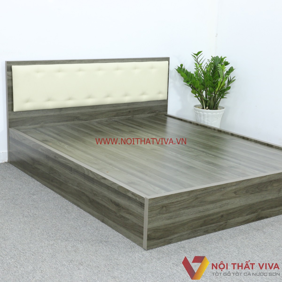 Giường Ngủ Gỗ MDF Melamine Màu Xanh Rêu Vân Gỗ Có Đầu Nệm Kem Đẹp Hiện Đại