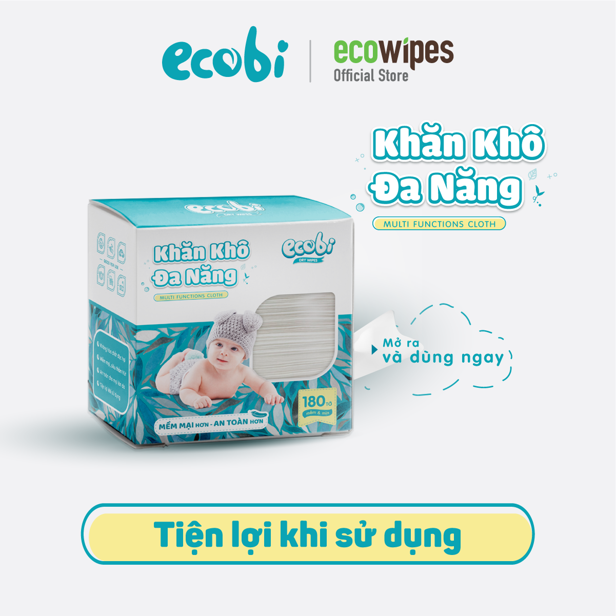 Combo 03 hộp khăn khô đa năng cho bé Ecobi hộp 180 tờ dùng thay khăn sữa an toàn cho trẻ sơ sinh