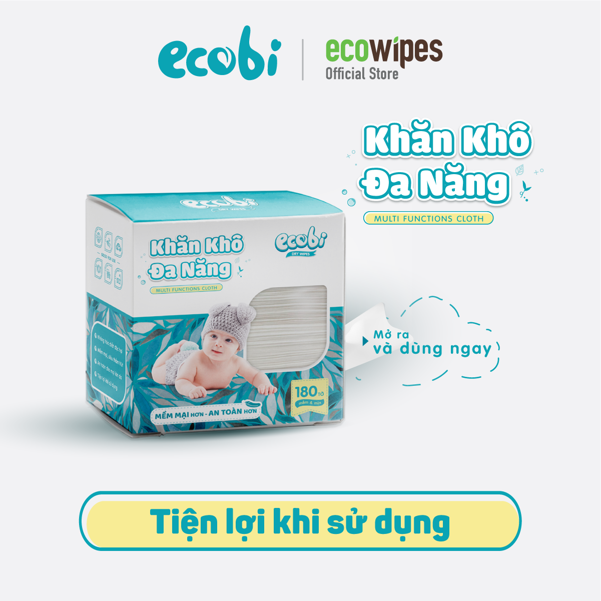 Combo 05 hộp khăn khô đa năng cho bé Ecobi hộp 180 tờ dùng thay khăn sữa an toàn cho trẻ sơ sinh