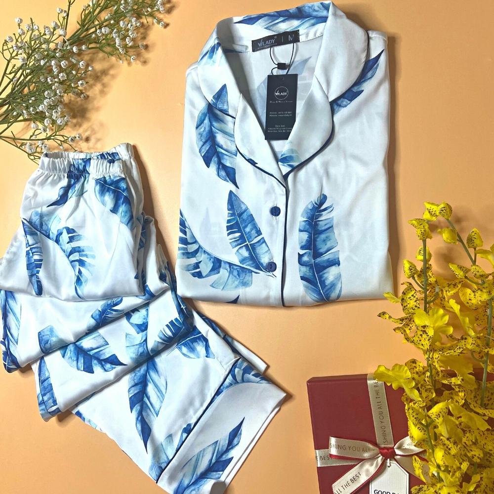 Đồ bộ pyjama nữ, đồ mặc nhà VILADY - B115 kiểu tay dài quần dài họa tiết lá xanh, chất liệu lụa Pháp ( lụa latin) siêu mát