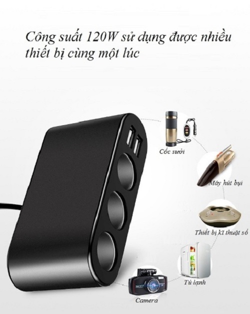 Bộ chia tẩu sạc đa năng trên ô tô tích hợp 3 tẩu cắm sạc và 2 cổng USB và đồng hồ báo điện áp M08