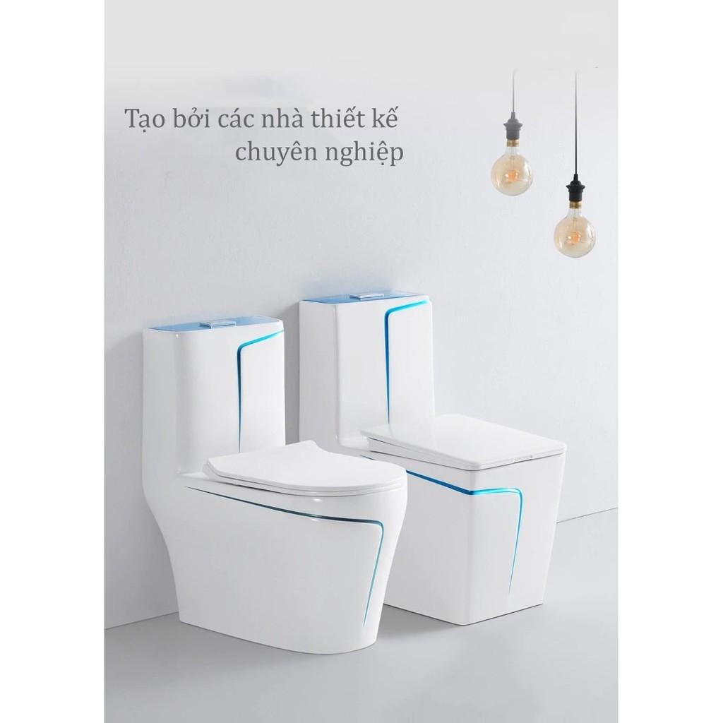 Bồn cầu một khối màu trắng, kiểu vuông kết hợp viền sườn xám nghệ thuật.