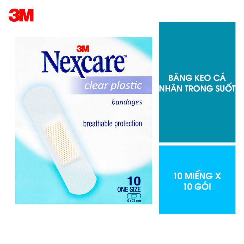 Băng keo cá nhân Nexcare 3M 19x72mm 100 miếng/hộp - Trong suốt, keo y tế siêu dính tinh khiết, co dãn tốt CLEARS10