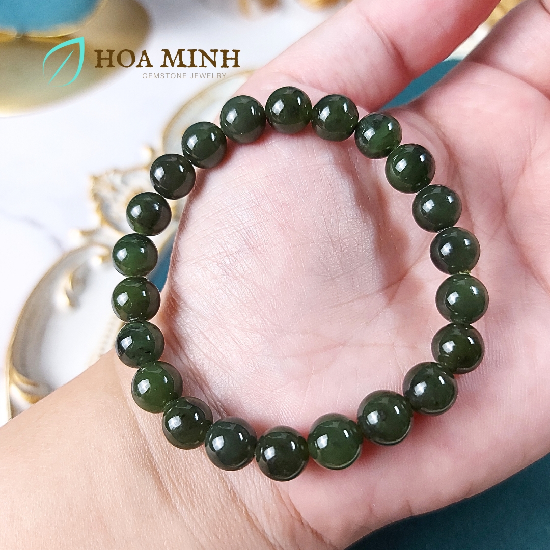 Vòng tay đá Ngọc Bích Nephrite tự nhiên xanh đậm size hạt 7.9 - 8.3 li không kén mệnh