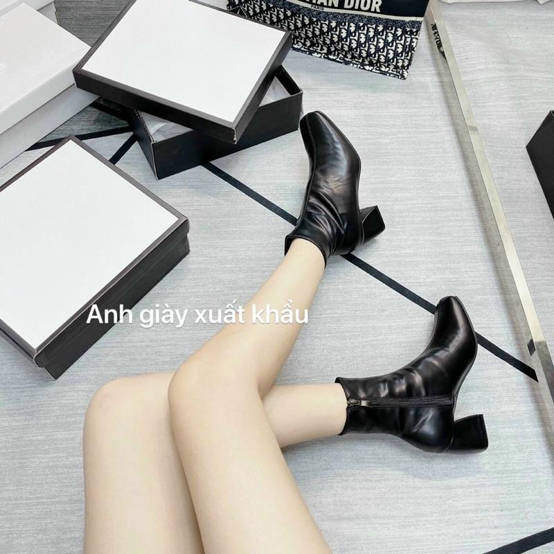B44 - Bốt lửng cao cổ mũi vuông da lì khoá cạnh hàng hộp xịn MIDiLi