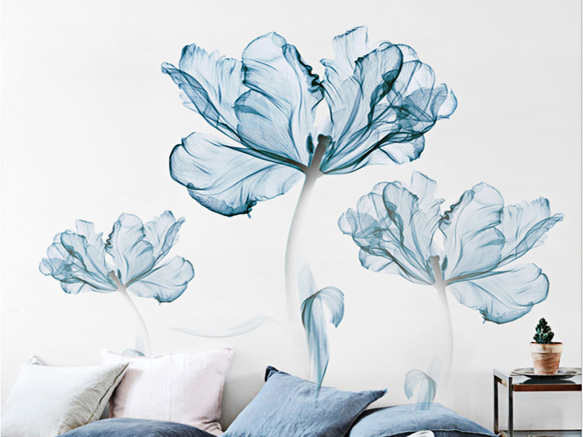 Decal dán tường hoa giấy xanh 2 mảnh