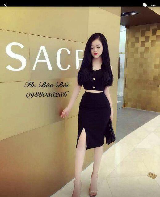 Sét áo nẹp nút váy ôm xẻ