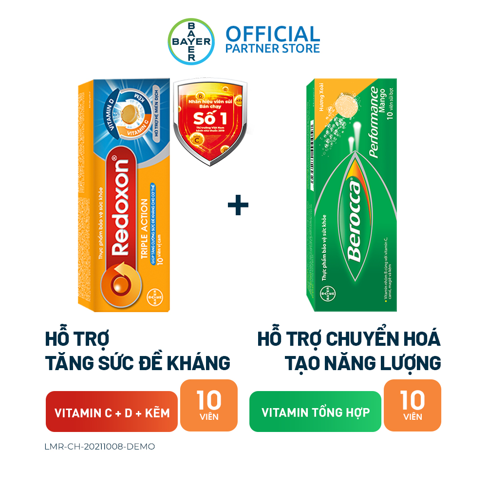 Combo Viên Sủi Bổ Sung Vitamin C, D, Và Kẽm Redoxon Triple Action 10 Viên & Viên Sủi Bổ Sung Vitamin Berocca Performance Mango 10 Viên