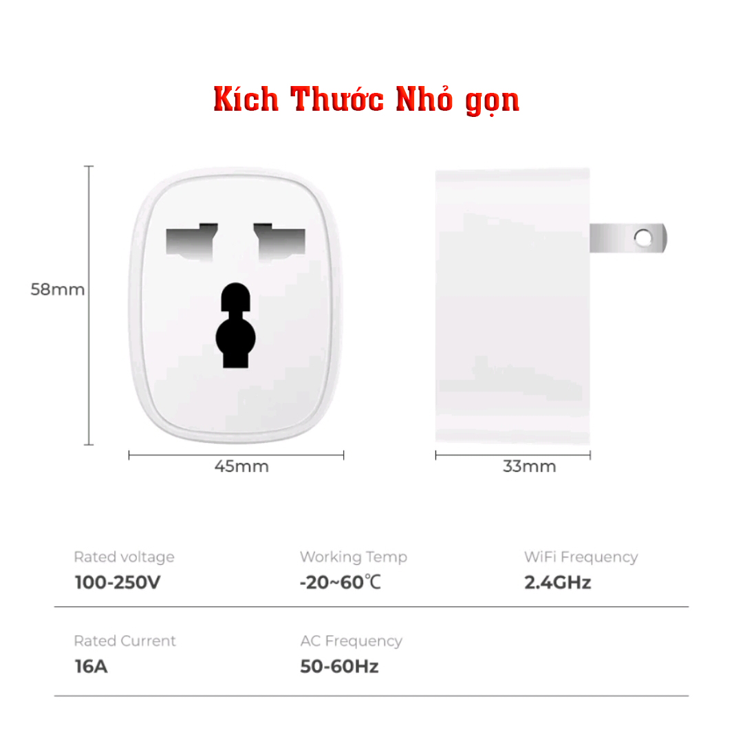Ổ cắm điện thông minh wifi 16A, 3500W, điều khiển từ xa, đo tiêu thụ điện, hẹn giờ tắt mở, Smart plug Google & Alexa