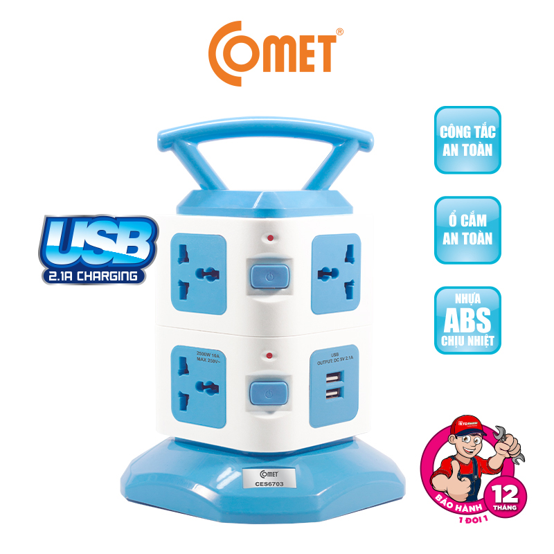 Ổ Cắm Điện Đa Năng COMET CES6703 2500W Hình Tháp dây dài 3m, 7 lỗ cắm 3 chấu, 2 cổng sạc USB