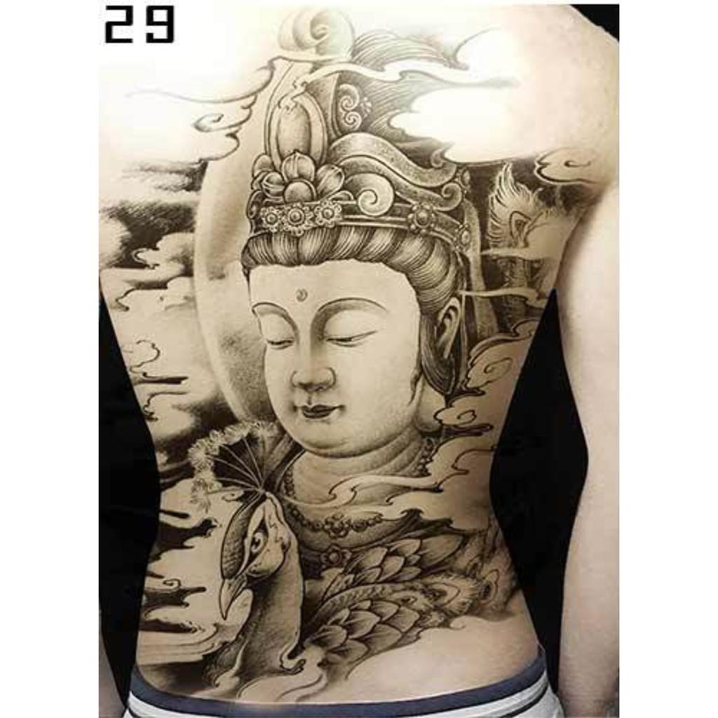 Hình xăm dán kín lưng phật bà trắng đen 34x48cm