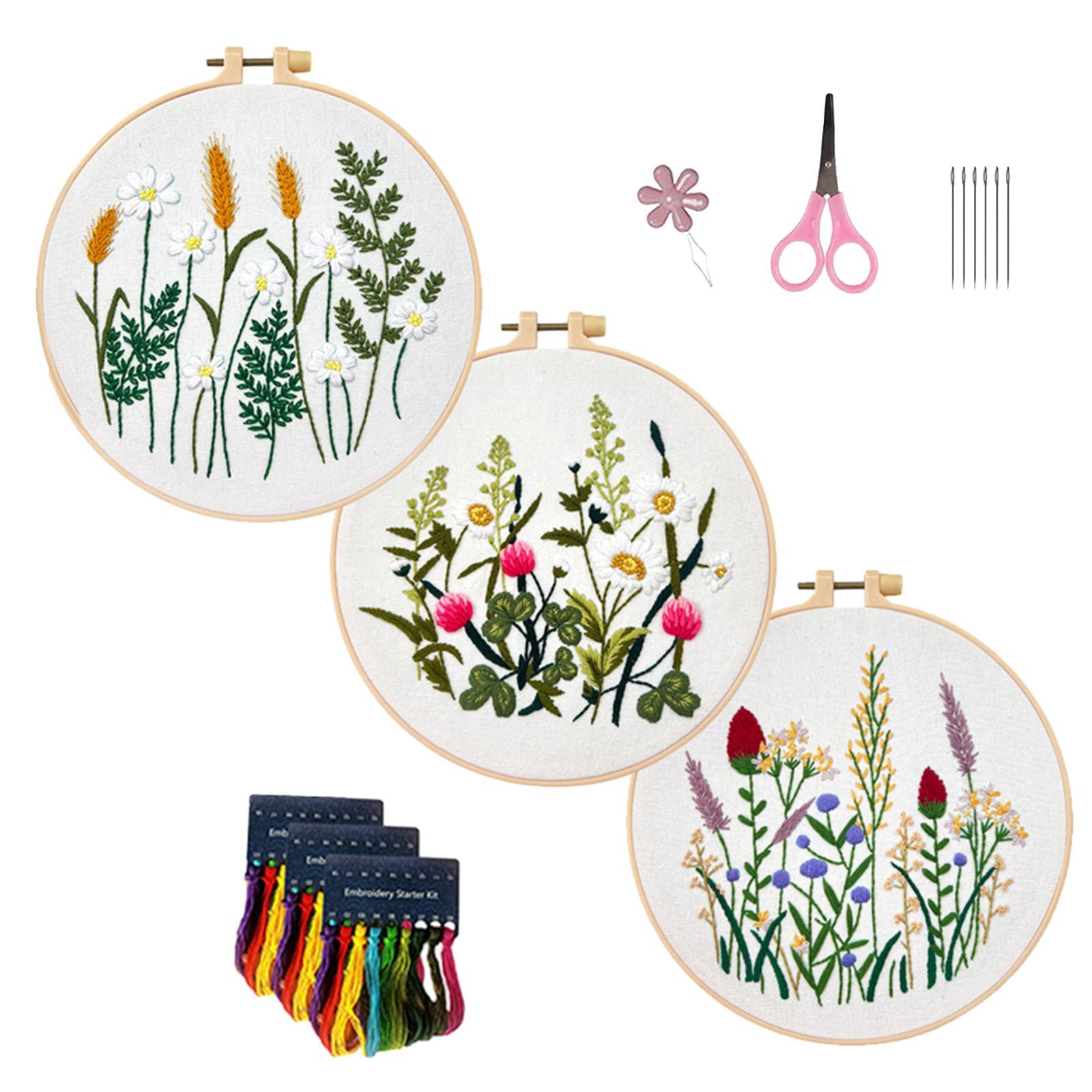 3Pcs Embroidery Set Cross Stitch Handmade Sewing Accessories Starter Tools Plants Pattern for Adults Handcraft Enthusiast