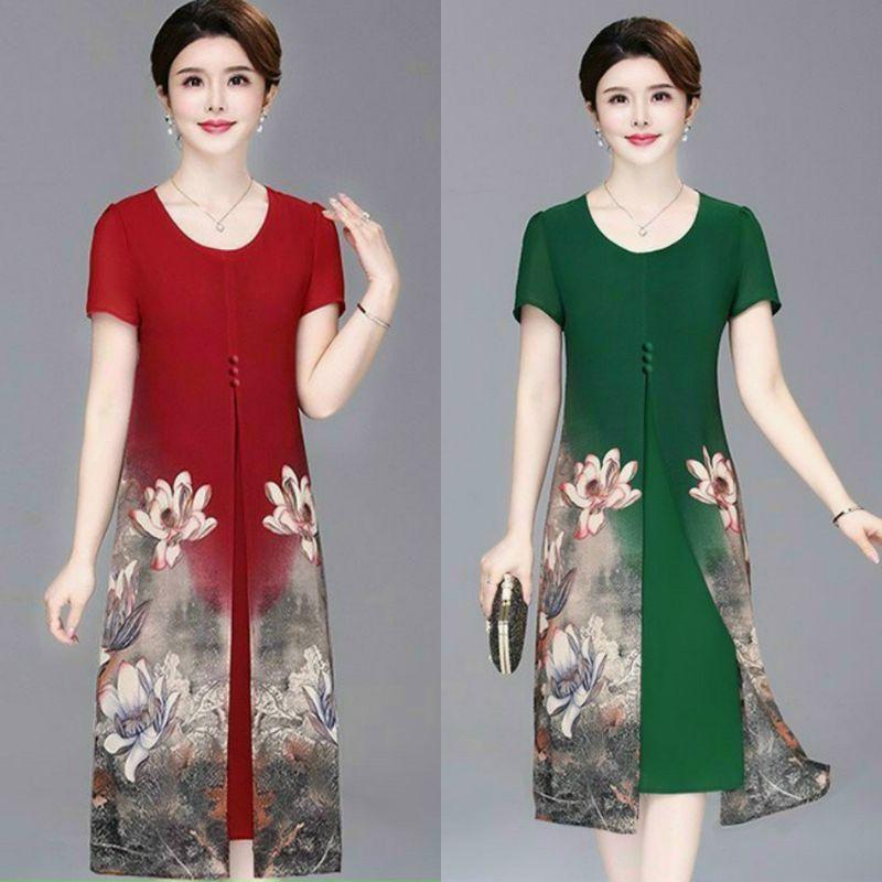 ĐẦM SUÔNG ĐÍNH NÚT IN HOA SEN 2 BÊN