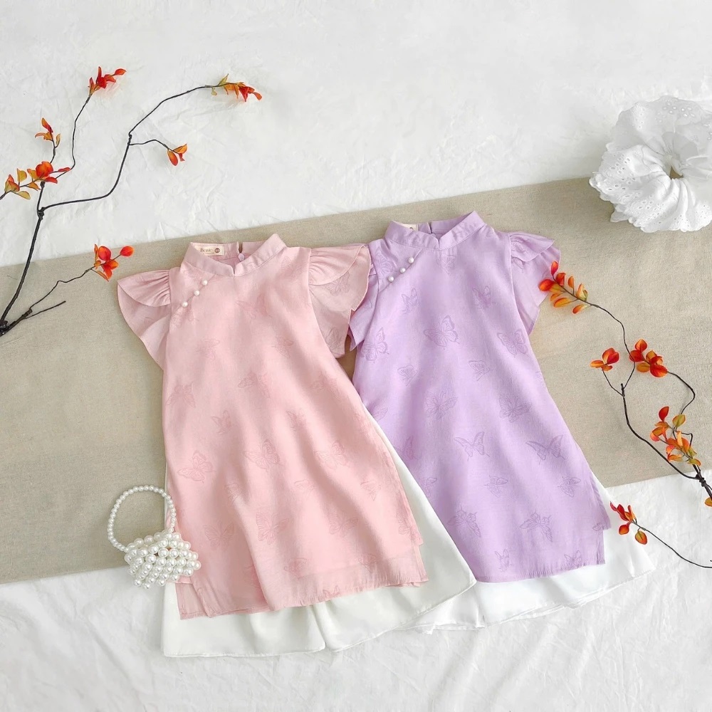 Set Bộ Quần Áo Dài Họa Tiết Hồ Điệp Tay Ngắn Phồng Cho Bé Gái 1-8 Tuổi Dành Cho Bé Gái