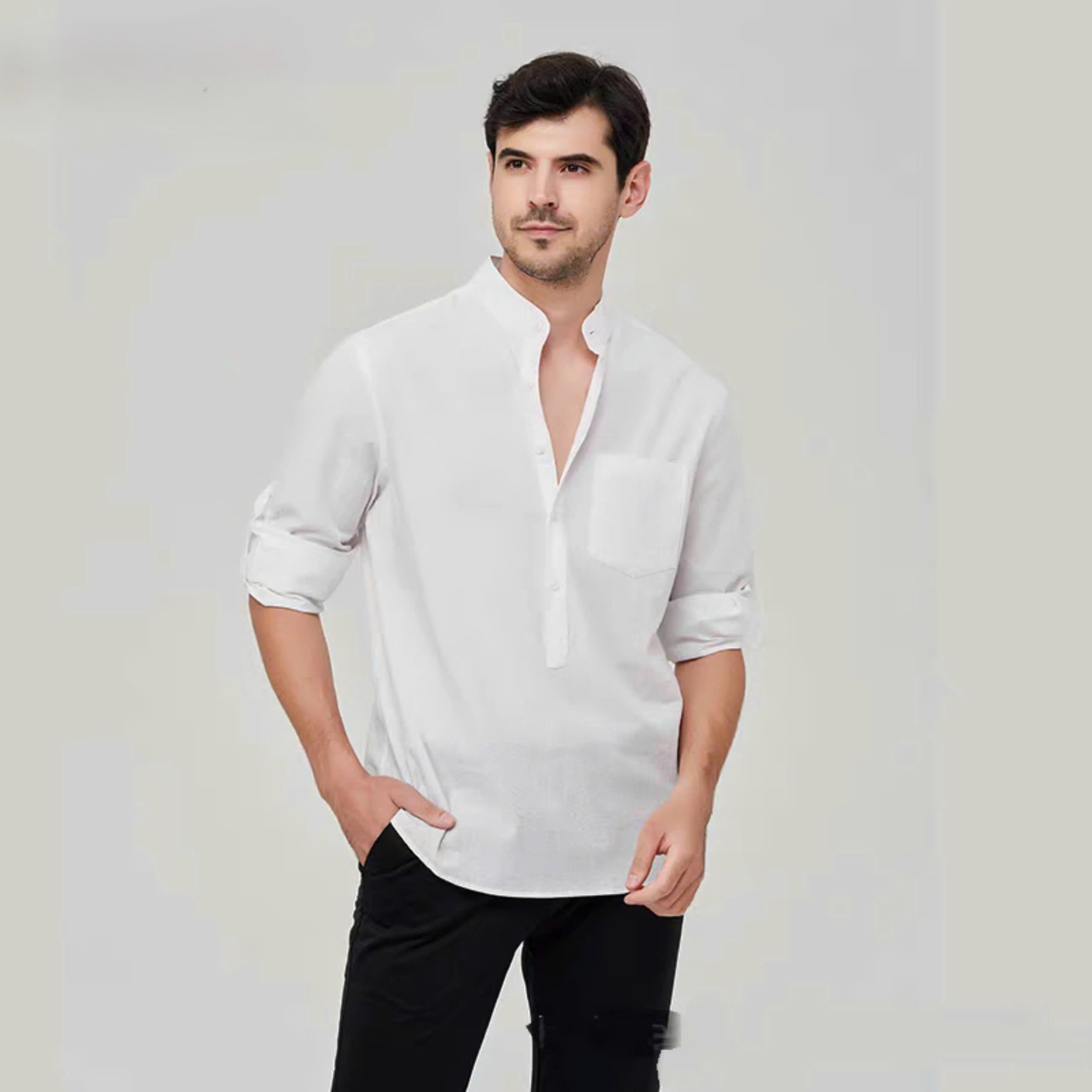 Áo sơ mi nam cổ trụ nhiều màu basic, form chuản Hàn, có túi trước ngực