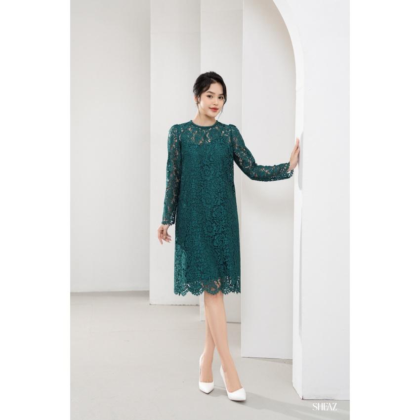 SHEAZ Đầm ren xanh công sở Hàn Quốc dáng suông cổ tròn tay dài