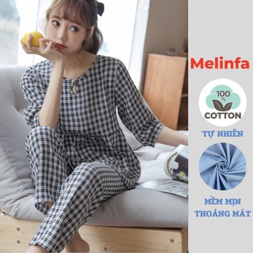 Bộ đồ ngủ quần dài nữ vải bông Cotton tự nhiên mềm mại thoáng mát, bộ Pyjamas mặc nhà nữ mã VABD0282