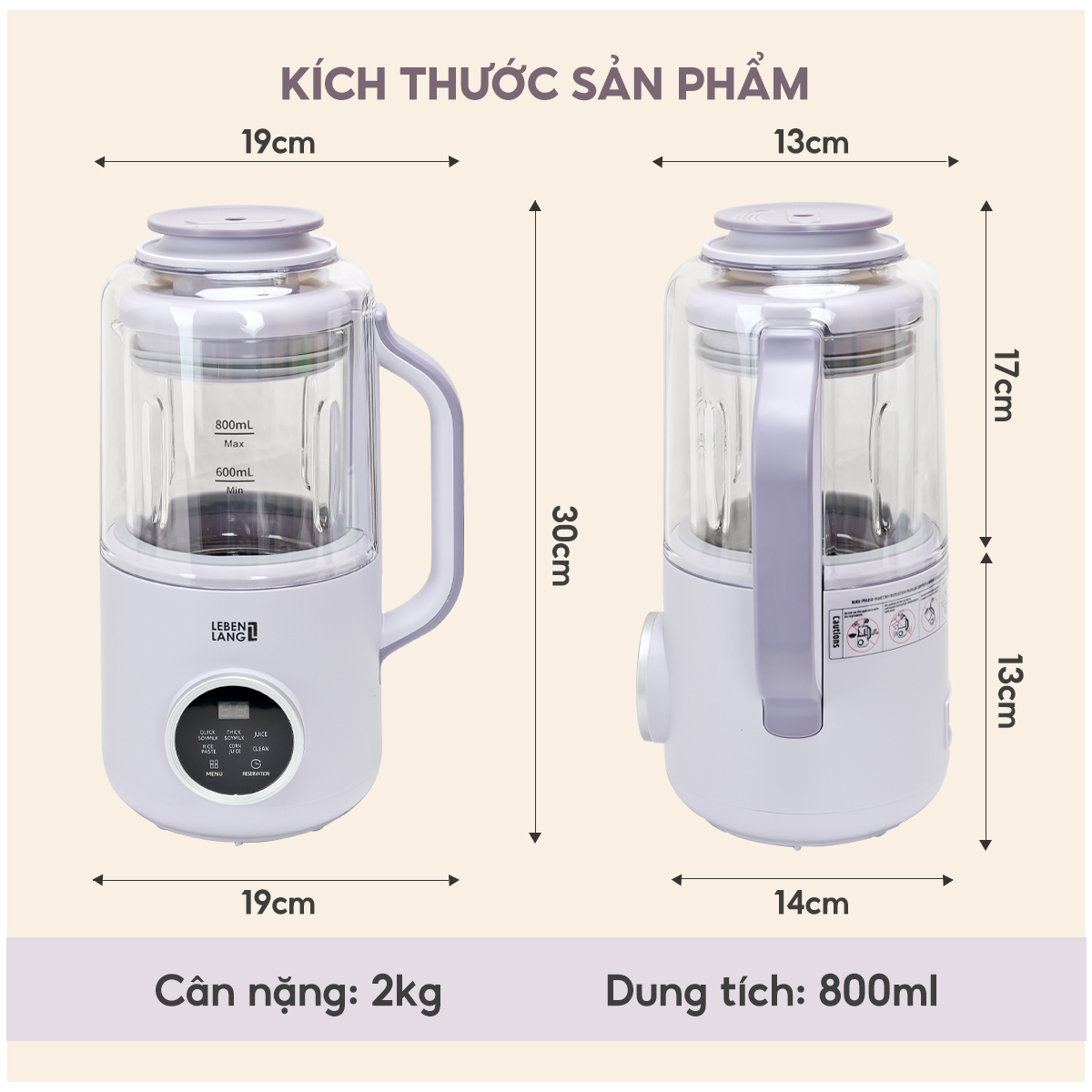 Máy làm sữa hạt đa năng Lebenlang LBL1689, 500W, 800ml, tiết kiệm thời gian, có hẹn giờ, bảo hành 2 năm - hàng chính hãng