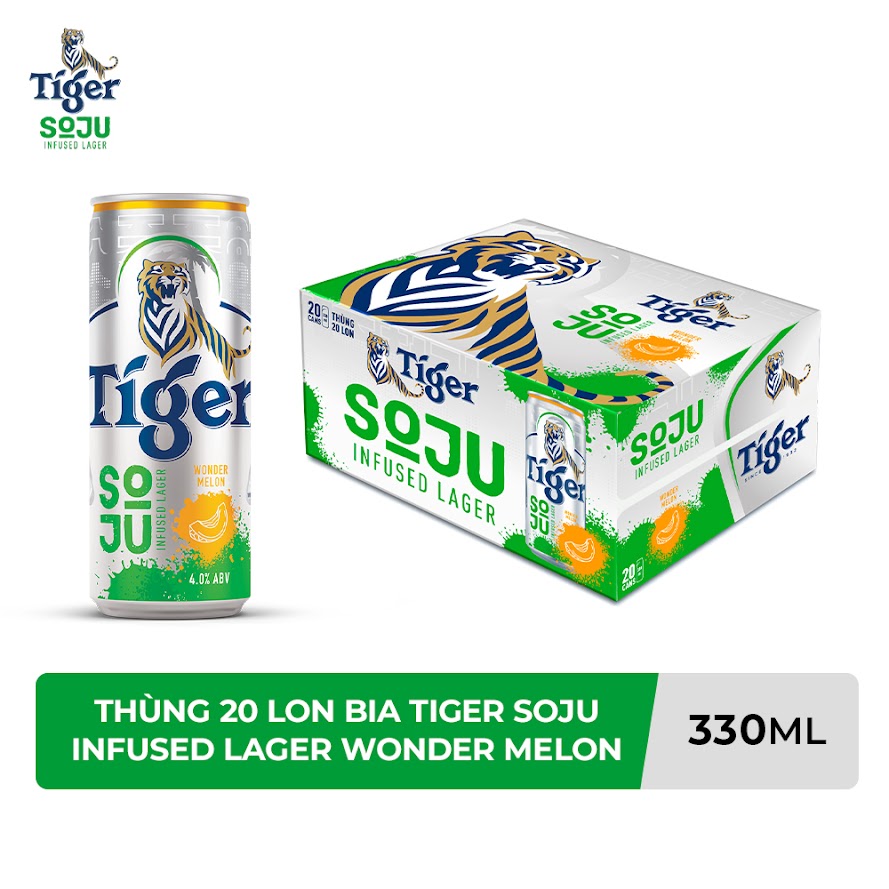 Thùng 20 Lon Bia Tiger Soju Infused Lager Wonder Melon (vị Soju Dưa Lưới) 330ml