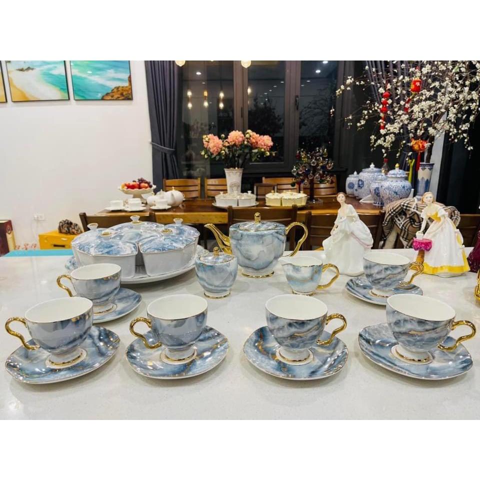 BỘ ẤM CHÉN KÈM KHAY PHA TRÀ SỨ XƯƠNG CAO CẤP KÈM 6 ĐĨA LÓT TÁCH VÀ 2 TỐNG ĐƯỜNG SỮA HỌ TIẾT VÂN ĐÁ XANH