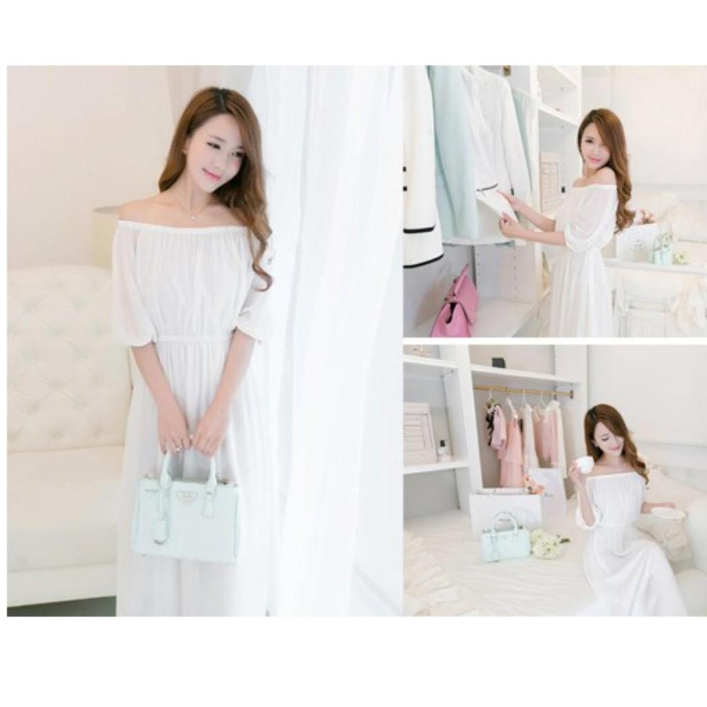 Đầm maxi trắng trễ vai tay lỡ